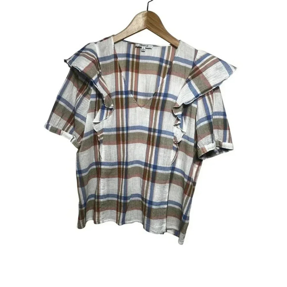 Madewell V-Neck Shoulder-Ruffle Top XL Plaid Cotton Lightweight Summer - Picture 4 of 12